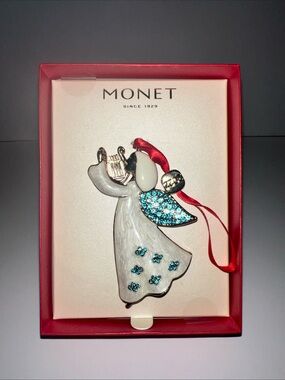 Monet White and Turquoise Angel 2022 Ornament with Red Ribbon
